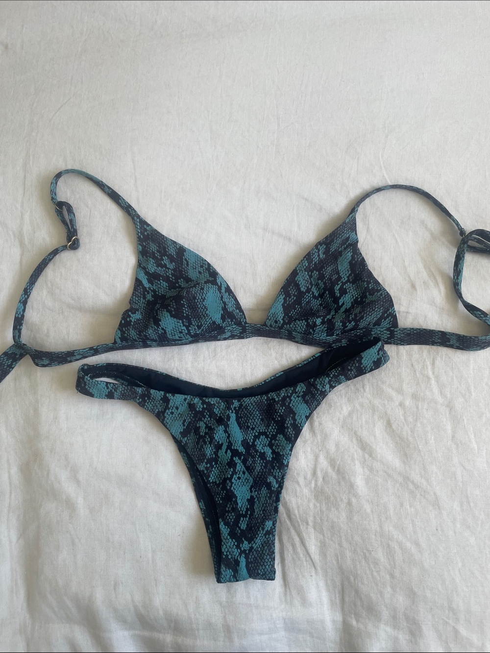 Vitamin A Teal Snake-Print Triangle Bikini